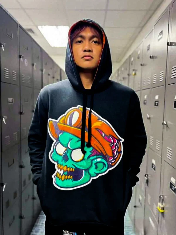 dig-deep-black-hoodie Male model of Dig Deep wearing Angry Zombie black hoodie.