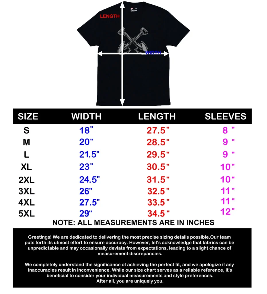 Dig Deep size chart.