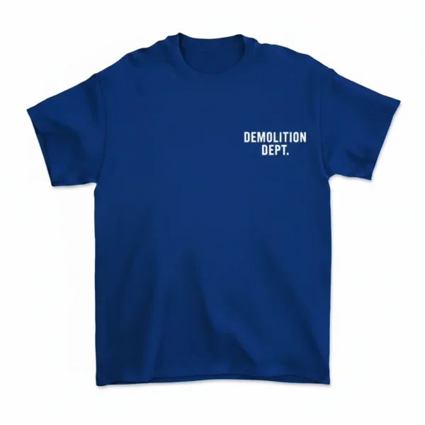 Demolition Dept. blue streetwear t-shirt, front view.