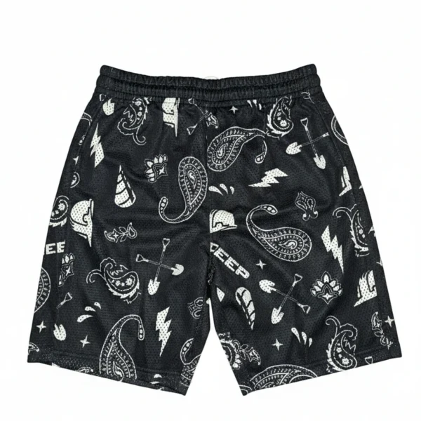 Black mesh gym shorts featuring an all over streetwear pattern, lightweight and comfortable for workouts or daily use.