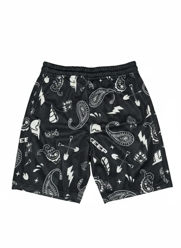 Black mesh gym shorts featuring an all over streetwear pattern, lightweight and comfortable for workouts or daily use.