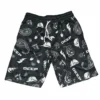Black mesh shorts with all over graphic print, breathable athletic shorts for gym and casual wear.