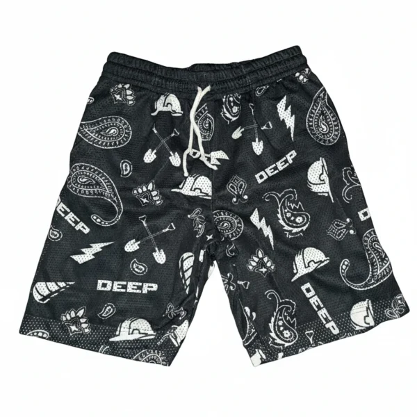 Black mesh shorts with all over graphic print, breathable athletic shorts for gym and casual wear.