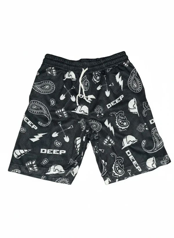 Black mesh shorts with all over graphic print, breathable athletic shorts for gym and casual wear.