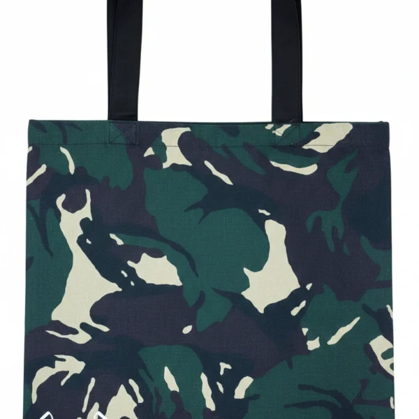 Camouflage tote bag back with an urban streetwear aesthetic.