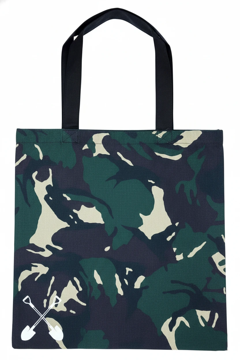 Camouflage tote bag back with an urban streetwear aesthetic.