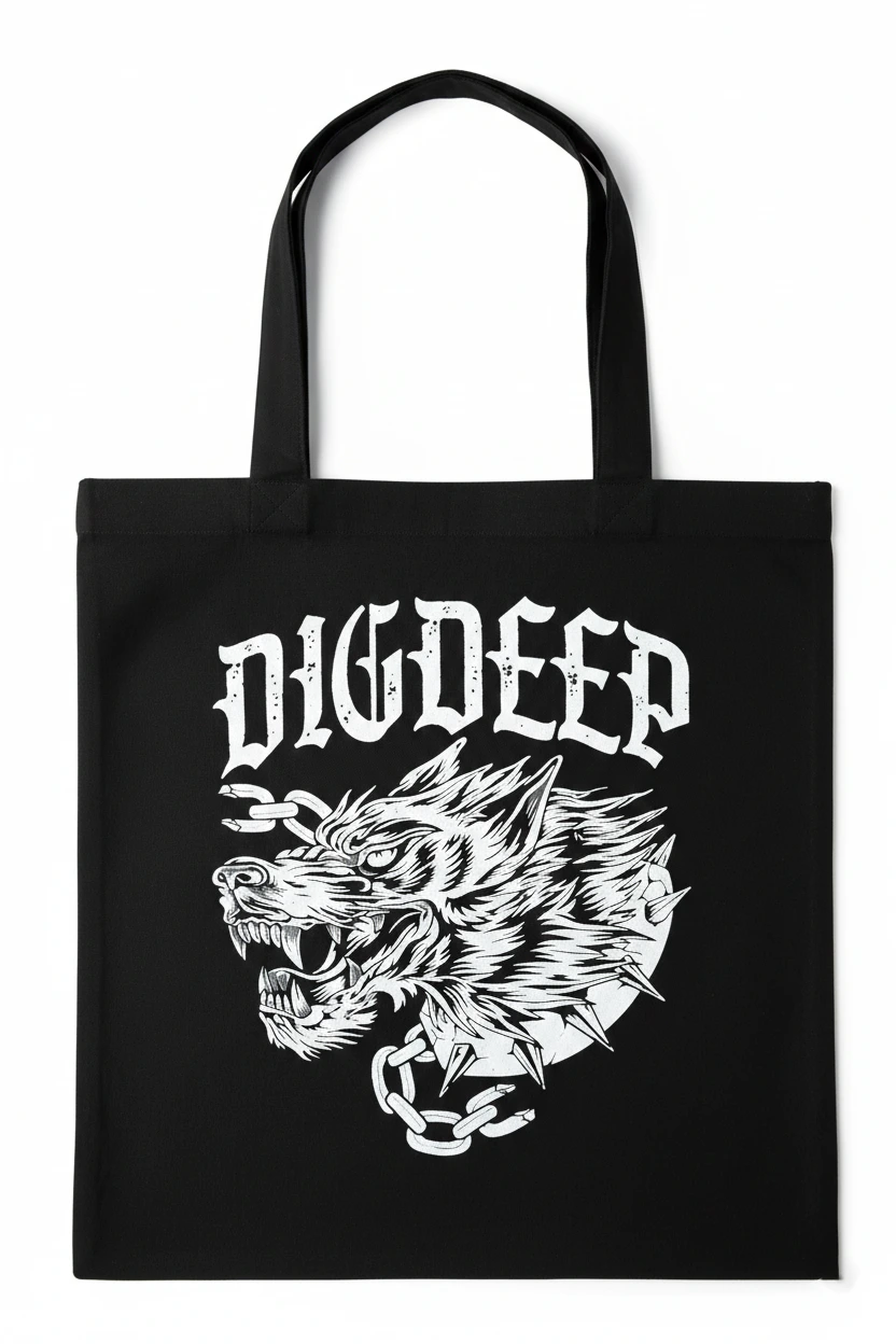 Black streetwear tote bag with a clean, modern design.