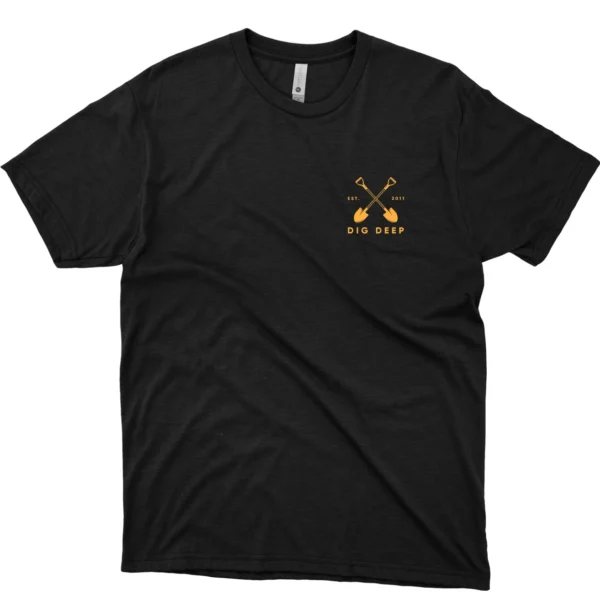 sunset-camp-front-design Black “Sunset Camp” graphic T-shirt by Dig Deep, front design.