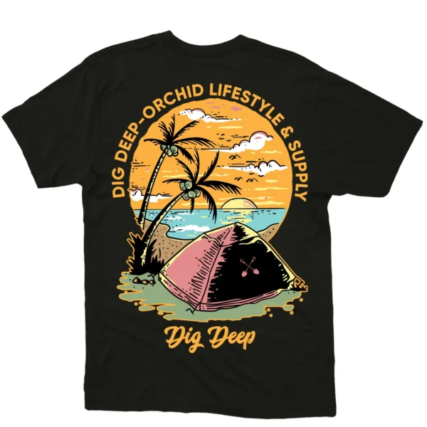 Black “Sunset Camp” graphic T-shirt by Dig Deep, back design.