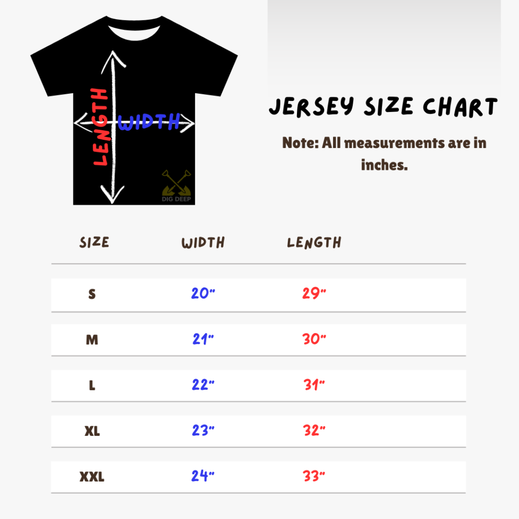 Dig Deep jersey size chart.